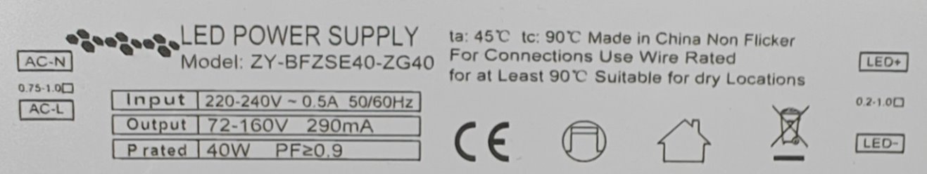 Driver zasilacz stałoprądowy 72-160V 40W 290mA