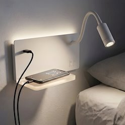 Lampa nocna z półką 14cm i reflektorem LED prawa biała