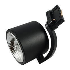 Czarny matowy reflektor szynowy ARKO z aluminiową obudową i adapterem 3-fazowym, widoczny fasetonowy odbłyśnik na żarówkę AR111