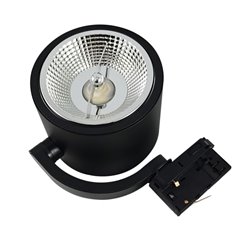 Czarny matowy reflektor szynowy ARKO z aluminiową obudową i adapterem 3-fazowym, widoczny fasetonowy odbłyśnik na żarówkę AR111