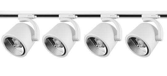 Biały matowy reflektor szynowy ARKO na żarówkę AR111 zamontowany na szynie jednofazowej, nowoczesny design.