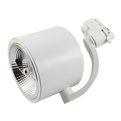 Biały matowy reflektor szynowy ARKO na żarówkę AR111 zamontowany na szynie jednofazowej, nowoczesny design.