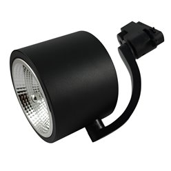 Czarny matowy reflektor szynowy ARKO na żarówkę AR111, zamontowany na czarnym szynoprzewodzie, widoczny fakturowany odbłyśnik.