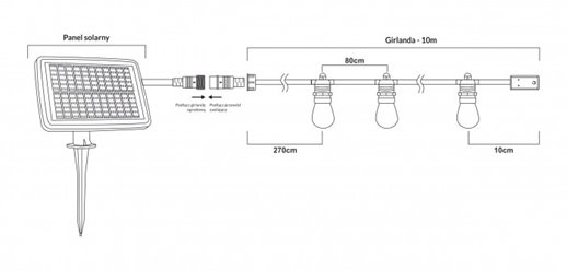 Girlanda solarna ogrodowa 10m i 10 żarówek 2700K z pilotem