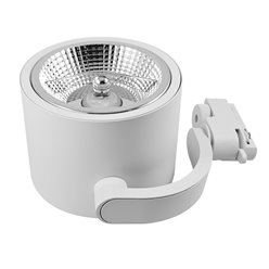 Biały matowy reflektor szynowy ARKO na żarówkę AR111 zamontowany na szynie jednofazowej, nowoczesny design.